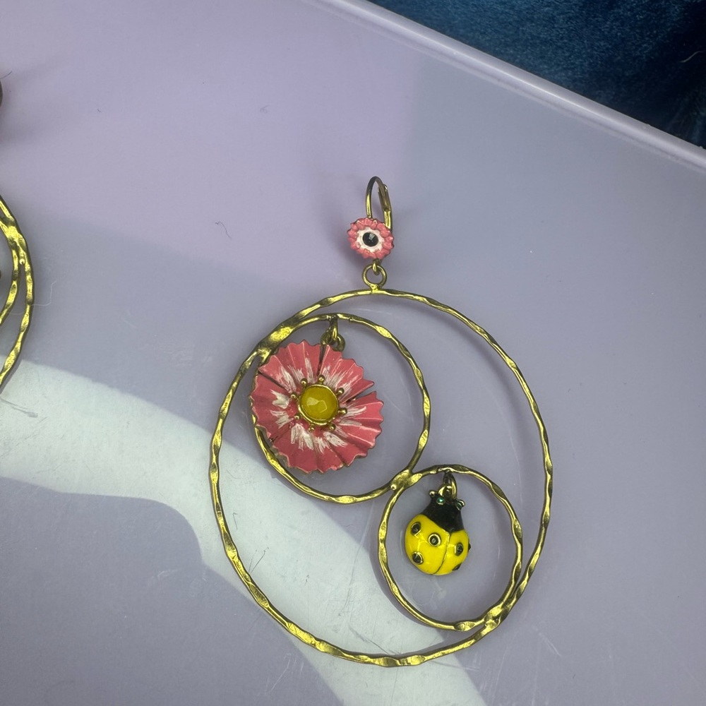Betsey Johnson Vintage Lady Bug Floral Hoop Earrings with Multicolor Accents - Picture 3 of 9